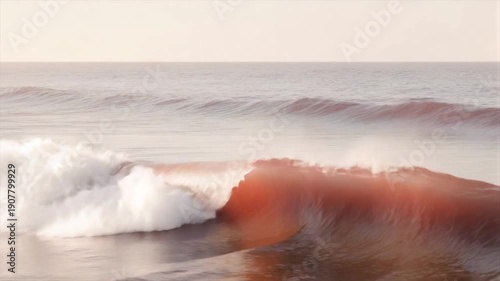 A wave curls over, its crest a foamy cloud, with a soft, peach-hued barrel