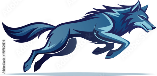 Dynamic blue wolf in motion leaping forward representing speed and agility
