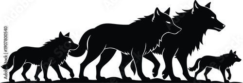 Four wolves in silhouette walking together representing pack unity and strength