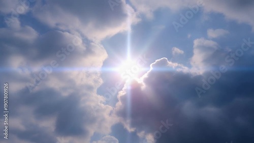 Beautiful religious image, bright light from heaven, light of hope and happyness from sky.