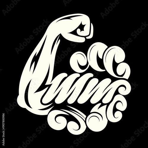 A white graphic of a flexed arm with the word gym
