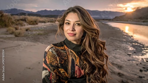 Woman with wavy hair poses on a beach at sunset, near a river with mountains in the distance