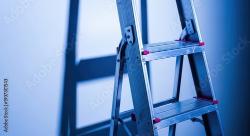 A metallic folding stepladder standing against a plain light colored wall, ready for household repairs or professional maintenance, floor, background, preparation