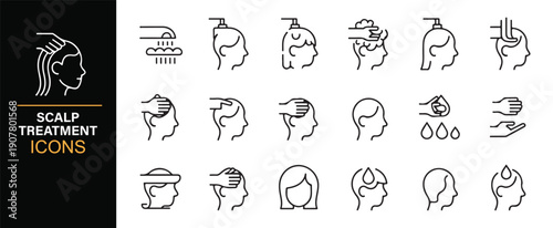 Scalp treatment outline icon set for hair care and dermatology