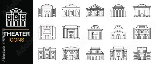 Cinema theater building pictogram set in linear style