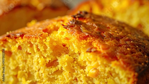 Close-up of a rustic, golden-brown cornbread loaf slice, with a textured, crumbly interior