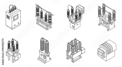 Electrical equipment vector isometric set, transformers, insulators, circuit breakers
