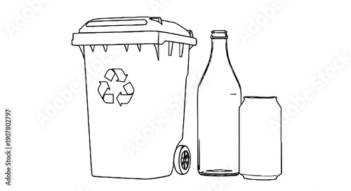 Illustration of a recycling bin with the recycling symbol, alongside a glass bottle and aluminum can. Symbols of recycling and sustainability.