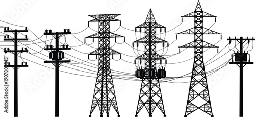 High voltage electricity transmission towers and utility poles silhouette vector set with cables transformers isolated on white background clean minimal