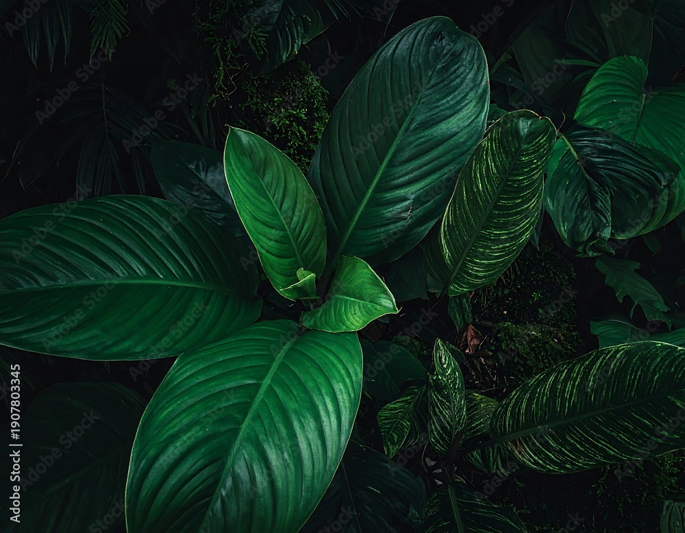 Fototapeta premium Overhead shot of lush, vibrant green leaves in a dark, verdant setting
