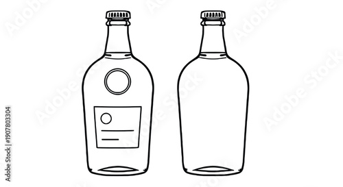 Two outlined bottles with caps; one displays a label with a circle and lines, the other is blank. Simple and clean design with a neutral tone.