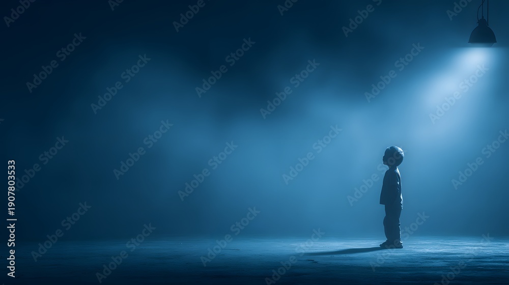 Fototapeta premium Mysterious Child Standing Alone in Eerie Blue Spotlight.