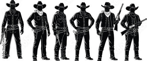 Wild west cowboy gunslinger silhouette set with revolvers rifles standing poses outlaw sheriff western character vector illustration isolated