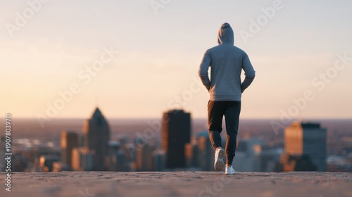 Wallpaper Mural A solitary figure runs towards the horizon, enjoying the serene beauty of the sunrise over a bustling cityscape, embodying health, freedom, and determination. Torontodigital.ca