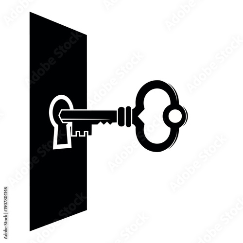 Key in keyhole black and white illustration.