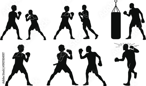 Boxing training silhouette collection with fighters sparring and punching bag, black vector sports illustrations isolated on white background