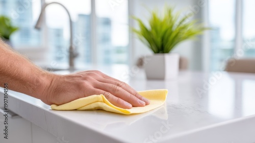 Wallpaper Mural A close-up of a hand using a yellow cloth to clean a shiny countertop, surrounded by a modern kitchen setting with a lush green plant in the background. Torontodigital.ca
