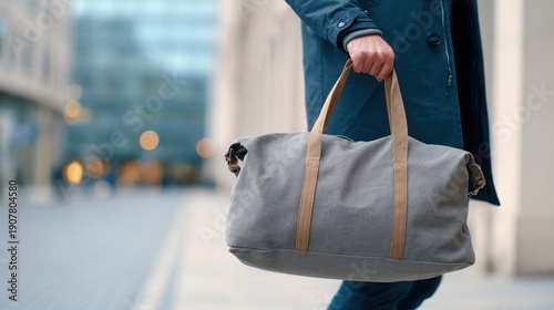 Wallpaper Mural A Stylish Individual Holding a Trendy Gray Canvas Bag While Walking Through a Modern Urban Setting with Soft Background Lights Torontodigital.ca