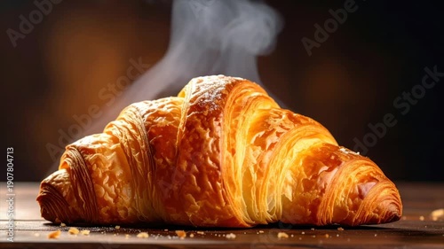 A golden, flaky pastry, dusted with sugar and steaming gently on a wooden surface