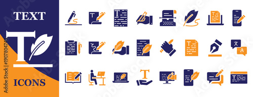 Writing and content creation vector icon set. Editable flat two-color symbols of pen, quill, typewriter and document for blogging, editing and education.