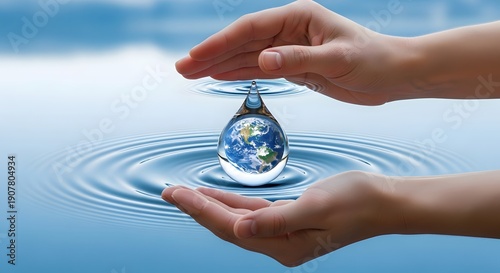 Hands holding a water drop with earth inside on water surface