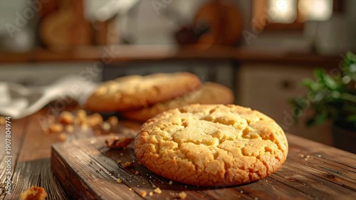 A close-up of a golden cookie rests on a wooden board, with more in the background