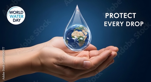Hands holding earth in water drop on world water day