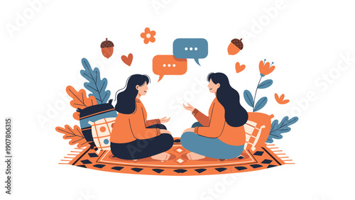 Two friends sitting on a patterned rug and engaged in conversation, surrounded by autumn leaves, acorns, and hearts.