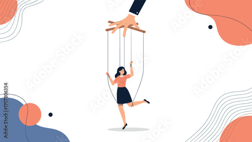 Small woman being controlled by a giant hand like a puppet with strings, symbolizing manipulation, control, and lack of freedom.