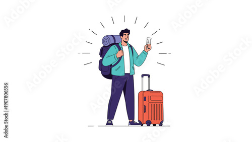 Happy male traveler standing with a large backpack and orange suitcase while holding his travel ticket and ready for a new adventure.