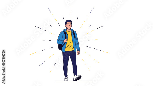 Young man walking forward confidently while wearing a blue hoodie and a backpack against a background of radiating lines.