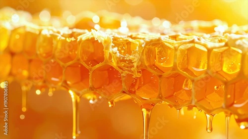 Close-up of honeycomb cells dripping with golden, viscous liquid, bathed in warm light