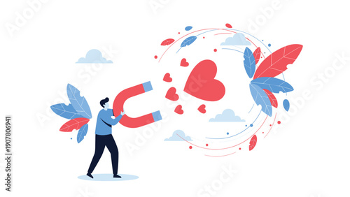 Man using a large horseshoe magnet to attract red hearts and positive energy in a creative and metaphorical concept illustration.