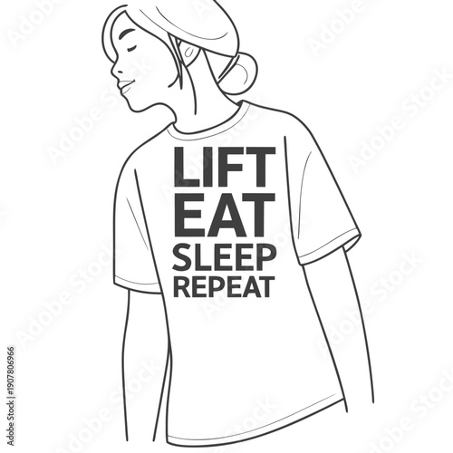 A woman wearing a gym t-shirt with a slogan