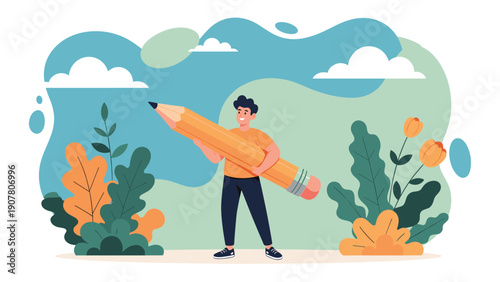 Smiling young man standing in a lush garden with oversized leaves and flowers while holding a giant orange pencil to represent creativity.