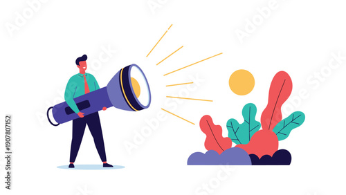 Man in a professional shirt holding a giant purple flashlight to illuminate colorful plants and flowers in the dark to find something hidden.