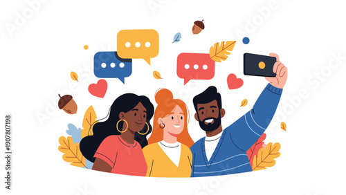 Group of three happy diverse friends, two women and one man, smiling and taking a selfie together with a smartphone in a park.