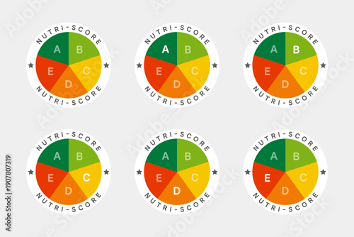 Nutri-score label on white background. Food rating system signs. Health care nutrition indicator. Nutri-score badges Vector illustration