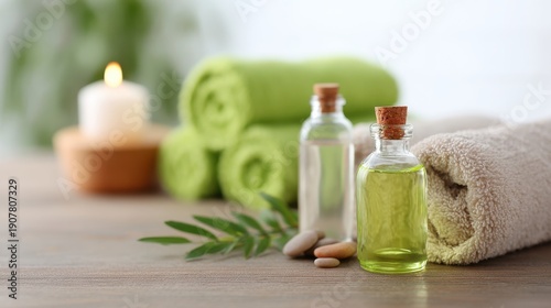 Wallpaper Mural Relaxing Spa Setup Featuring Essential Oils, Soft Towels, and Candles to Enhance Your Wellbeing and Create a Tranquil Atmosphere for Self-Care Torontodigital.ca