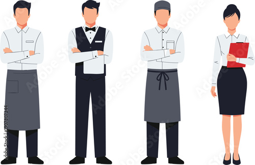 Restaurant staff uniforms, waiter, chef, manager, hospitality team illustration, professional attire, service industry roles, teamwork concept, workplace diversity