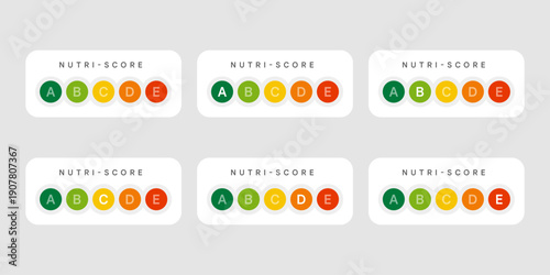 Nutri-score label on white background. Food rating system signs. Health care nutrition indicator. Nutri-score stickers Vector illustration