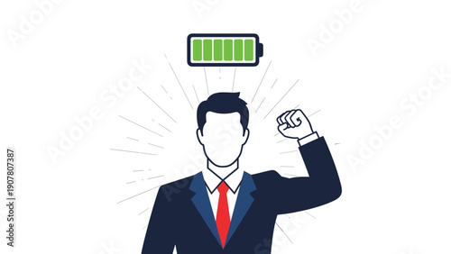 Silhouetted businessman in a suit with a red tie showing a strong fist while a green full battery icon glows above his head for energy.