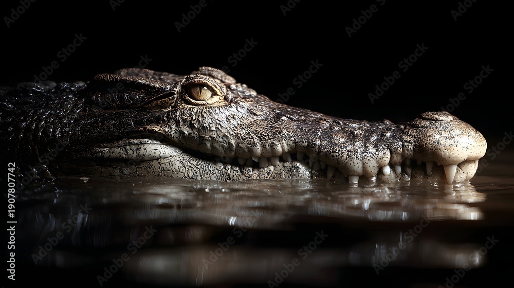 Fototapeta premium Close up of a crocodiles head emerging from dark water.