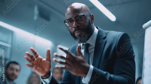 Meeting is taking place in a modern office with a smiling man in a suit presenting ideas to a group of people who are listening attentively around a whiteboard