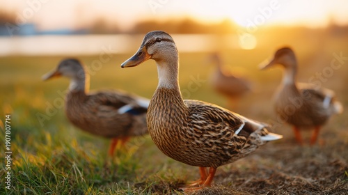 Wallpaper Mural A Serene Gathering of Ducks at Sunset by the Lakeside, Showcasing Their Unique Features and Social Behavior in a Natural Setting Torontodigital.ca