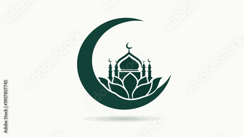 Illustration of mosque and crescent moon symbolizing Islamic culture and faith, viewed from the front