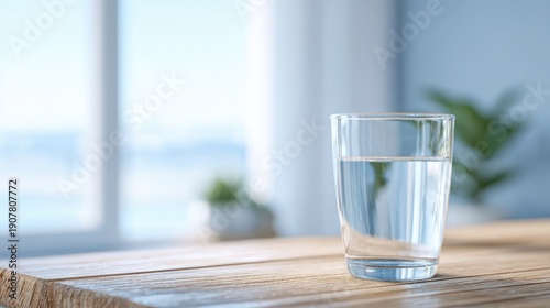 Wallpaper Mural A Clear Glass of Refreshing Water on a Wooden Table, with Soft Natural Light Streaming Through the Windows in a Calm and Serene Environment Torontodigital.ca