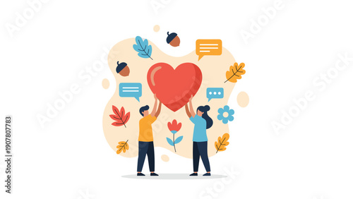 Young man and woman working together to lift large red heart symbol with decorative floral elements and colorful icons.