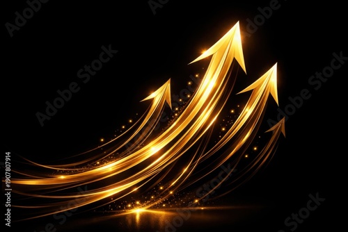 Abstract motion graphic of golden light trails forming upward arrows on a sleek black background, symbolizing business growth and success. Luxury, corporate, cinematic