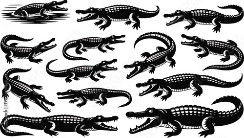 Stylized alligator crocodile illustrations collection, reptile poses swimming walking standing, artistic black blue white highlights decorative design